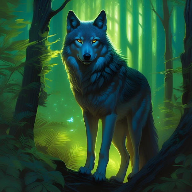 Lobo en la selva nocturna del bosque