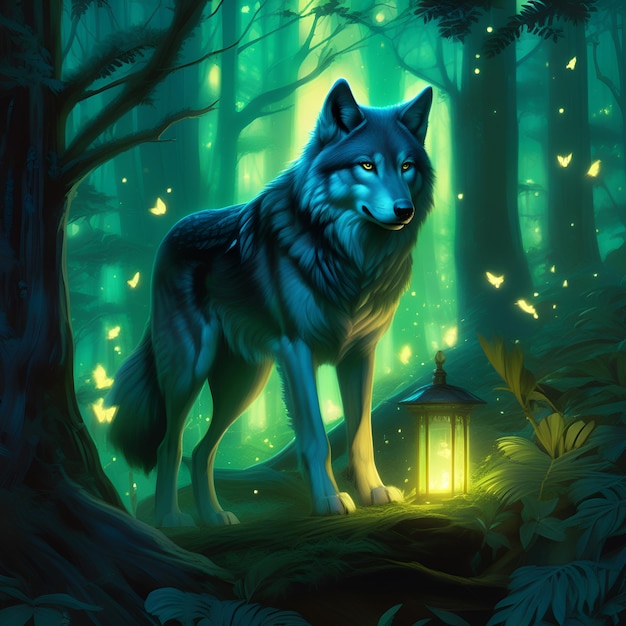 Lobo en la selva nocturna del bosque