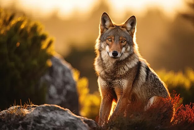 Un lobo sentado en la cima de una roca en un campo