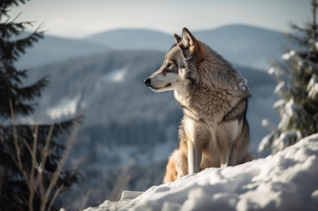 Lobo sentado en una colina nevada inspeccionando su territorio