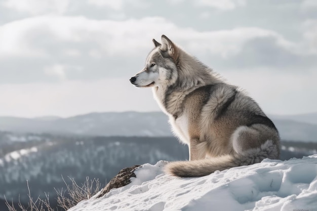 Lobo sentado en una colina nevada inspeccionando sus alrededores