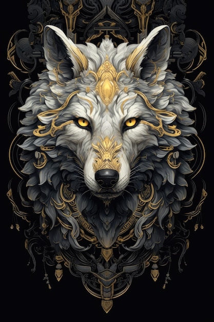 Un lobo sentado en un diseño decorativo.