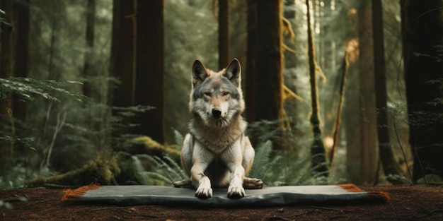 Un lobo sentado encima de una manta en una imagen de ai generativa del bosque