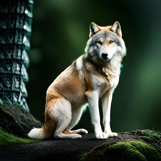 Un lobo sentado en una roca con un fondo verde y un árbol al fondo.