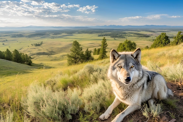 Un lobo se sienta en un campo con vistas a las montañas al fondo.