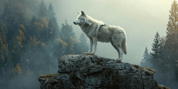 El lobo solitario en un acantilado brumoso con vistas a un bosque