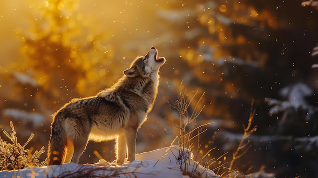 Un lobo solitario aullando en el bosque de invierno el sol se está poniendo proyectando un resplandor dorado en la nieve la piel del lobo es una hermosa mezcla de gris y marrón