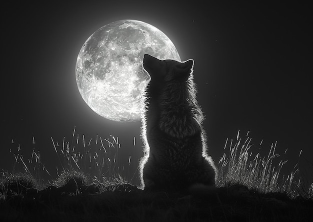 Un lobo solitario aullando ante la luna llena su silueta