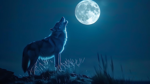 Foto un lobo solitario aullando a la luna el lobo está de pie en una colina rocosa y la luna está llena