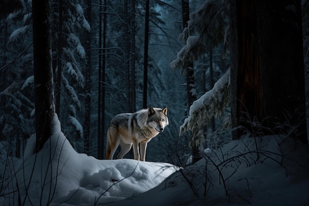 Lobo solitario bajo la luna llena en la noche del bosque generativo IA