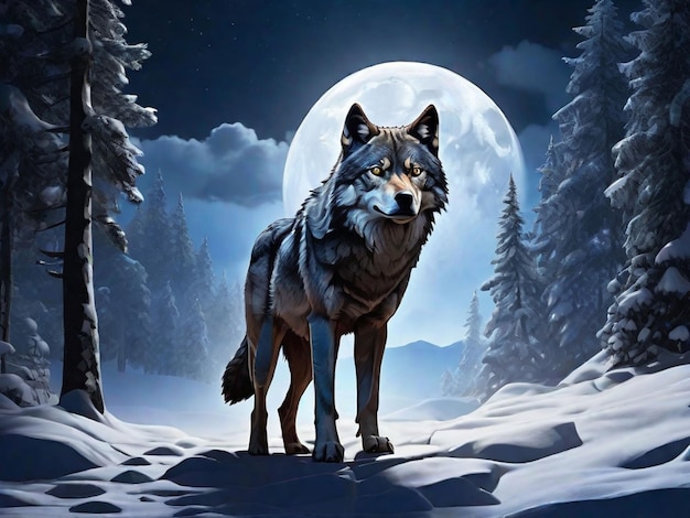 un lobo solitario en una noche nevada