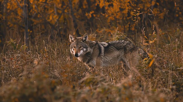 Foto un lobo solitario está de pie en un campo de hierba alta