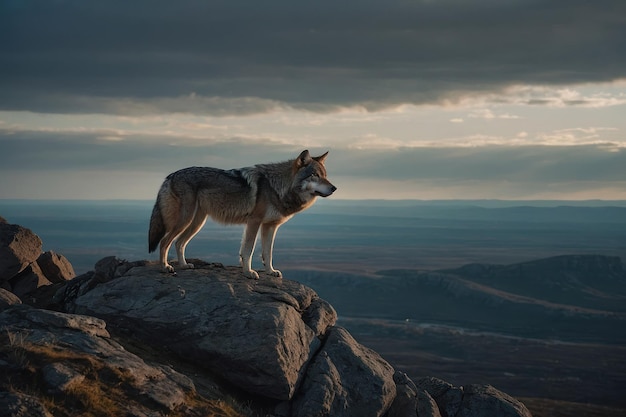 un lobo solitario de pie en una montaña rocosa