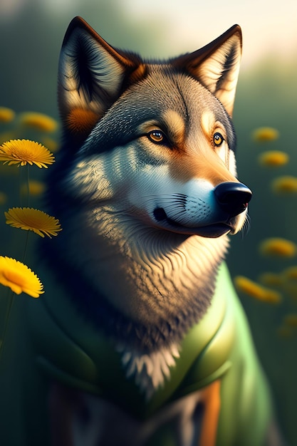 Un lobo con un suéter verde se para en un campo de flores.