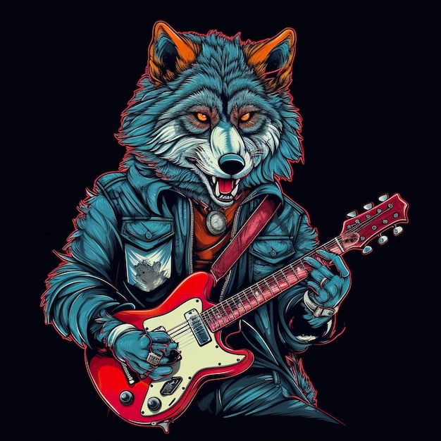 Un lobo tocando una guitarra y usando una chaqueta de cuero AI imagen generativa clipart sobre fondo negro