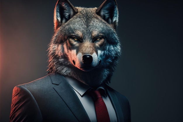 Un lobo con traje y corbata roja.