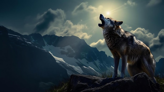 Foto lobo uivando em montanhas nevadas