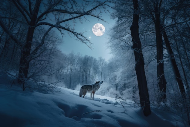 Lobo uivando na lua cheia na floresta de inverno nevado