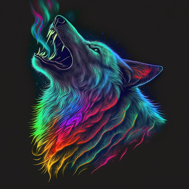 Lobo uivante psicodélico iridescente neon Generative AI Não baseado em nenhuma cena ou padrão real