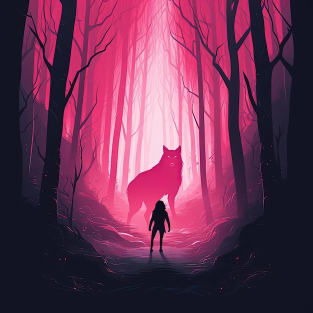 lobo vermelho floresta escura hd art no estilo de ilustrações planas