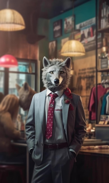 Lobo vestido con un traje como un hombre de negocios IA generativa