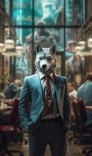 Lobo vestido con un traje como un hombre de negocios IA generativa