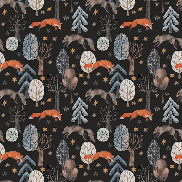Lobo y zorro en el bosque Patrón sin costuras Ilustración acuarela en estilo de dibujos animados Texturas lindas para textiles para bebés diseño de telas papel tapiz para álbumes de recortes, etc.