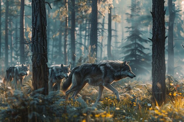 Foto lobos majestosos a vaguear pela floresta.