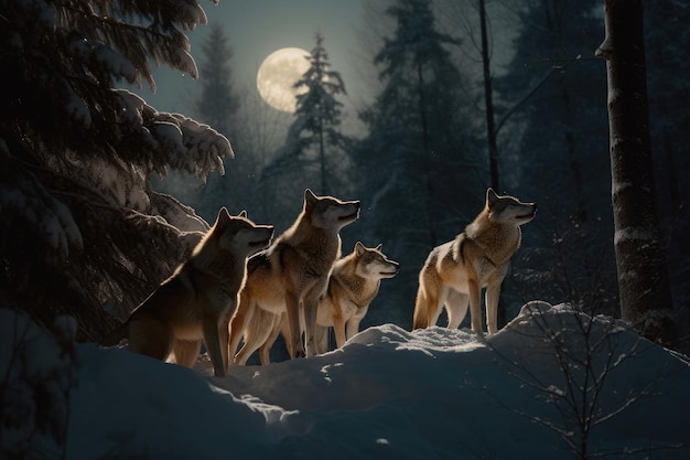 Lobos majestuosos en su hábitat natural bajo la brillante luna llena