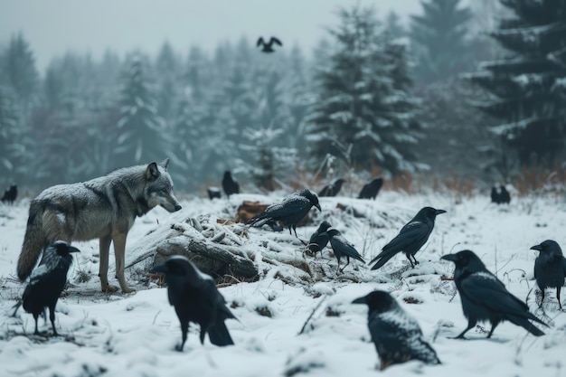 Los lobos observan a los cuervos que se alimentan en las montañas de Bieszczady, Polonia