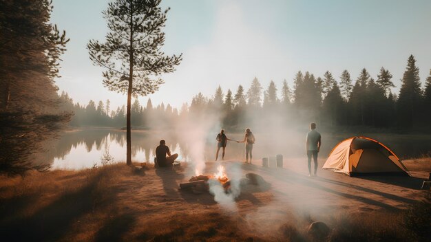 Local de acampamento de verão com uma barraca laranja perto do lago de verão e grupo de turistas imagem gerada pela rede neural