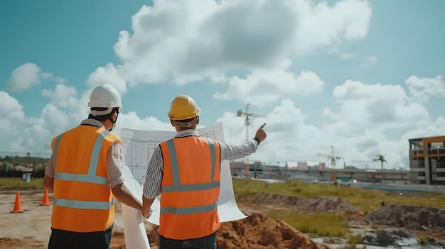 local de construção e equipe ao ar livre para a construção de coletes de segurança do projeto e e Hand spreads blueprint