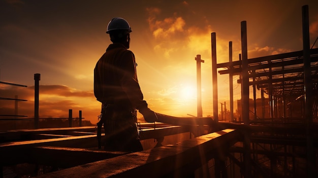 Foto local de construção e trabalhadores da construção ao pôr-do-sol