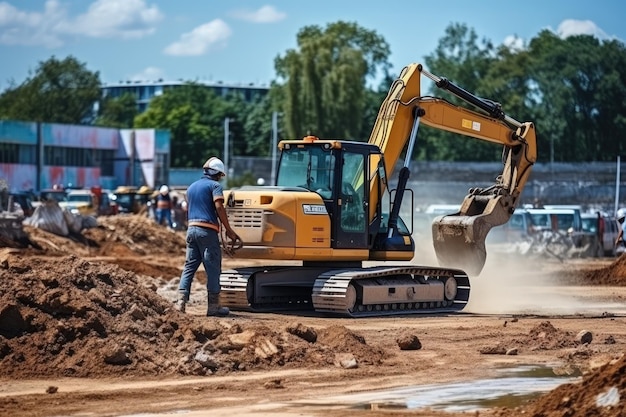 Local de construção uma equipe de trabalhadores contra o pano de fundo de grandes veículos de construção bulldozers