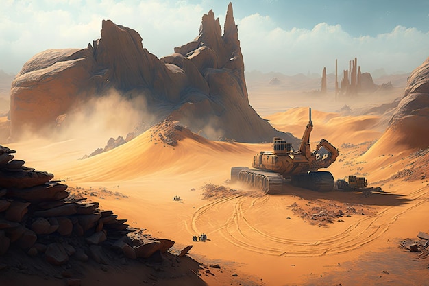 Local de escavação cercado por dunas imponentes na paisagem do deserto