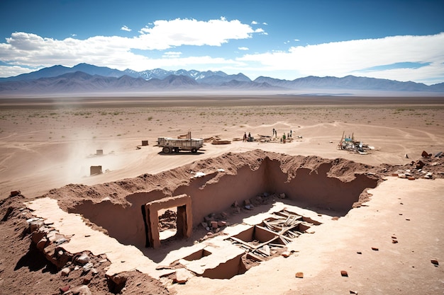 Local de escavação no deserto com vista para montanhas distantes
