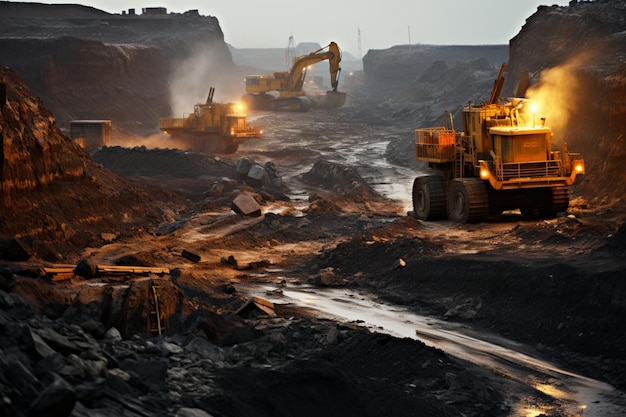 Local de mineração Numerosos caminhões pesados e escavadoras moldam a área da mina de carvão movimentada pela indústria