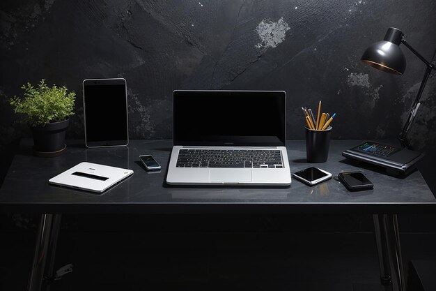 Local de trabalho com laptop smartphone em fundo de espaço de cópia de vista superior de mesa preta