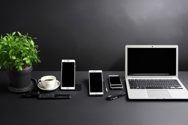 Local de trabalho com laptop smartphone em fundo de espaço de cópia de vista superior de mesa preta