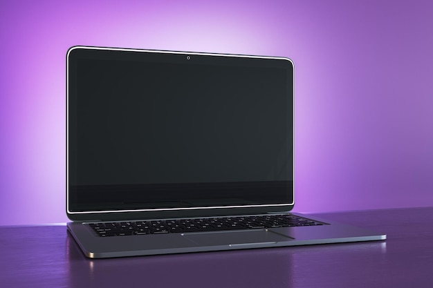 Local de trabalho de designer roxo criativo com renderização 3D de tela de laptop preta vazia