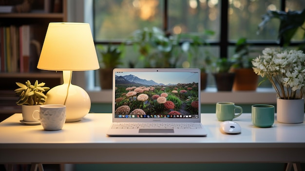 local de trabalho de escritório moderno com laptop e xícara de café na mesa