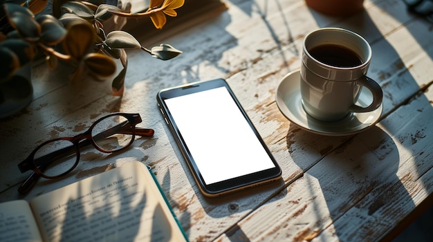 Foto local de trabalho de mesa de escritório branco com tela em branco, livro de óculos de telefone inteligente e caneca de café vista superior plana com espaço de cópia gerado por ai