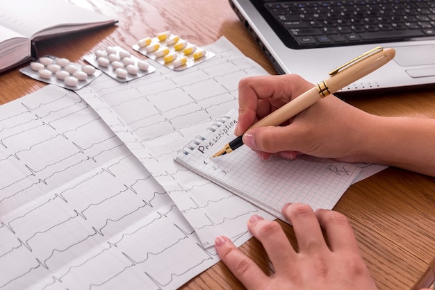 Local de trabalho do cardiologista com cardiograma e prescrição do paciente