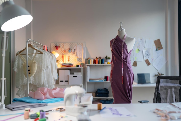 Foto local de trabalho do estúdio de design de moda com manequins costurados