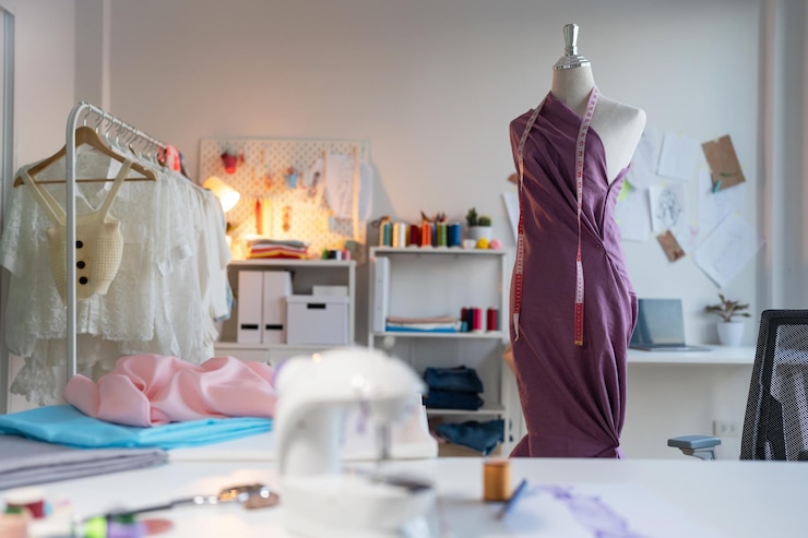 Foto local de trabalho do estúdio de design de moda com manequins costurados