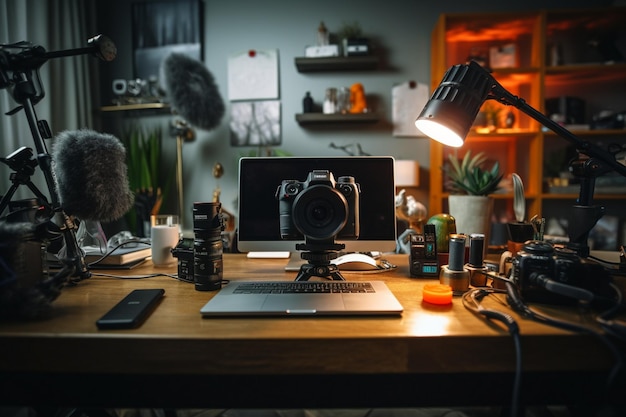 Local de trabalho do fotógrafo com laptop e equipamento de câmera na mesa no estúdio fotográfico