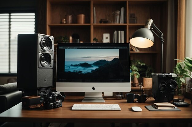 Local de trabalho do gerente contemporâneo ou freelancer com monitor de computador em pé sobre mesa de madeira cercada por casa