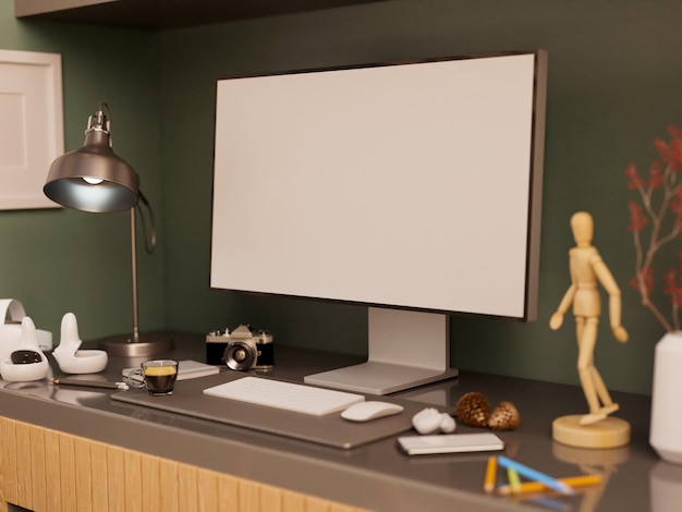 Local de trabalho doméstico moderno com câmera de lâmpada de mesa de maquete de computador pc moderno e fone de ouvido vr na mesa