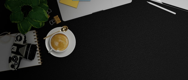 Local de trabalho moderno com câmera, xícara de café, planta, laptop, fundo de couro preto, renderização em 3D