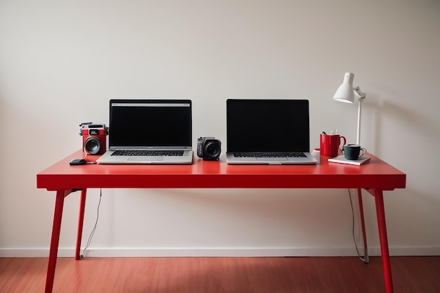 Local de trabalho moderno com dois laptops na mesa vermelha contra uma parede branca